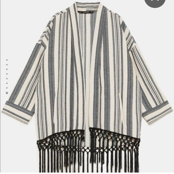 Zara Ecru Neutral Striped Boho 3/4 Sleeves Fringe Kimono festival Jacket sz sm - Picture 10 of 11